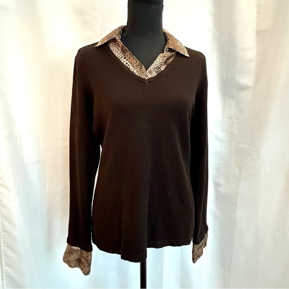 DENVER Hayes Dark chocolate brown knit sweater snake print collar/cuff Sz L - Picture 13 of 13